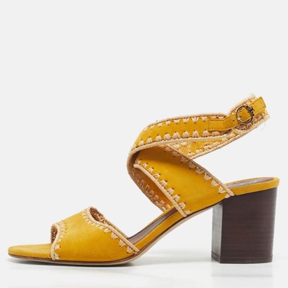 Tory Burch Yellow Raffia Suede Ankle Strap Sandals Block Heels Womens 6.5 - Picture 2 of 16